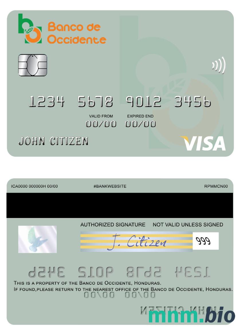 Honduras Banco de Occidente przykład karty visa w formacie PSD